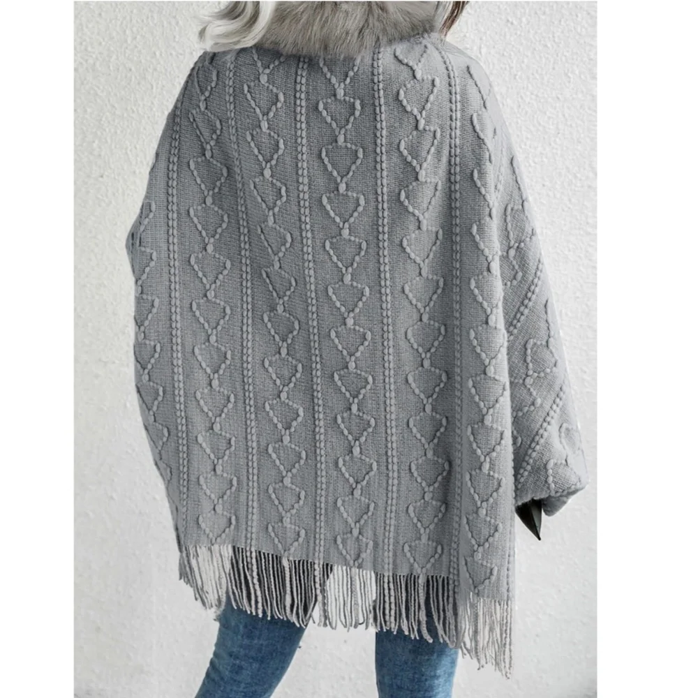 Faux Fur Grey Textured Knit Open Cardigan - Picture 4 of 7